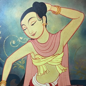 A fabulous Indian art oil on board painting of a young dancing girl. Signed.