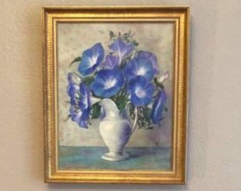 Painting old pastel bouquet of Volubilis in white vase with handle, 1943