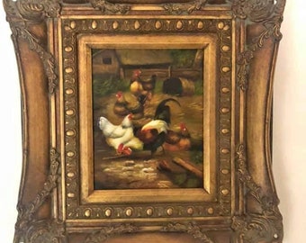 FANTASTIC Original unique painting - Chickens in a yard - FANTASTIC FRAME !