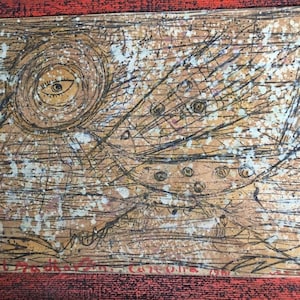 May include: Abstract artwork with a red border. The image features a central eye design within a spiral, surrounded by black lines and white splatters on a tan background. The artwork has a textured appearance and includes handwritten text at the bottom.