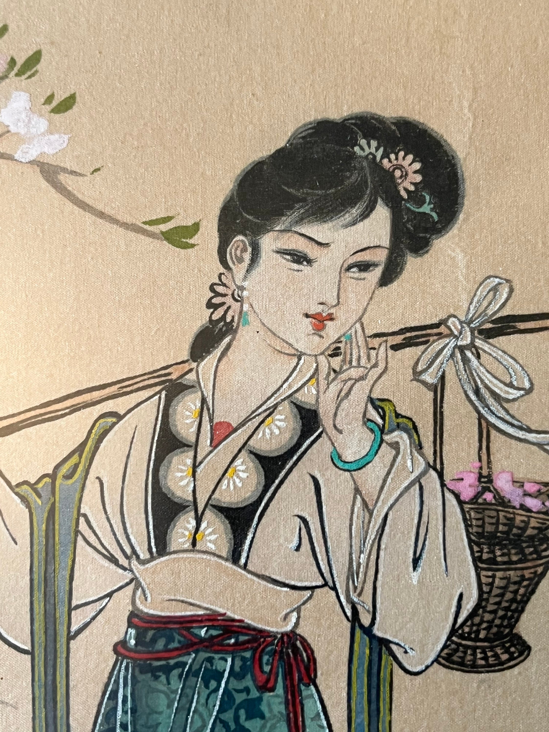 中国の絵画。画家の署名とスタンプもご覧ください。庭にいる美しい女性