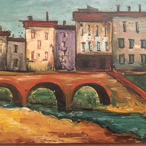 Gnädinger, Josef (Ramsen/Schaffhausen 1919 - 2000) Swiss artist 1964 River scape at the bridge OIL ON BOARD