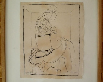 May include: Black and white line drawing of a woman sitting on a chair. The woman has a stylized hairdo and is wearing a dress. The drawing is framed in a wooden frame.