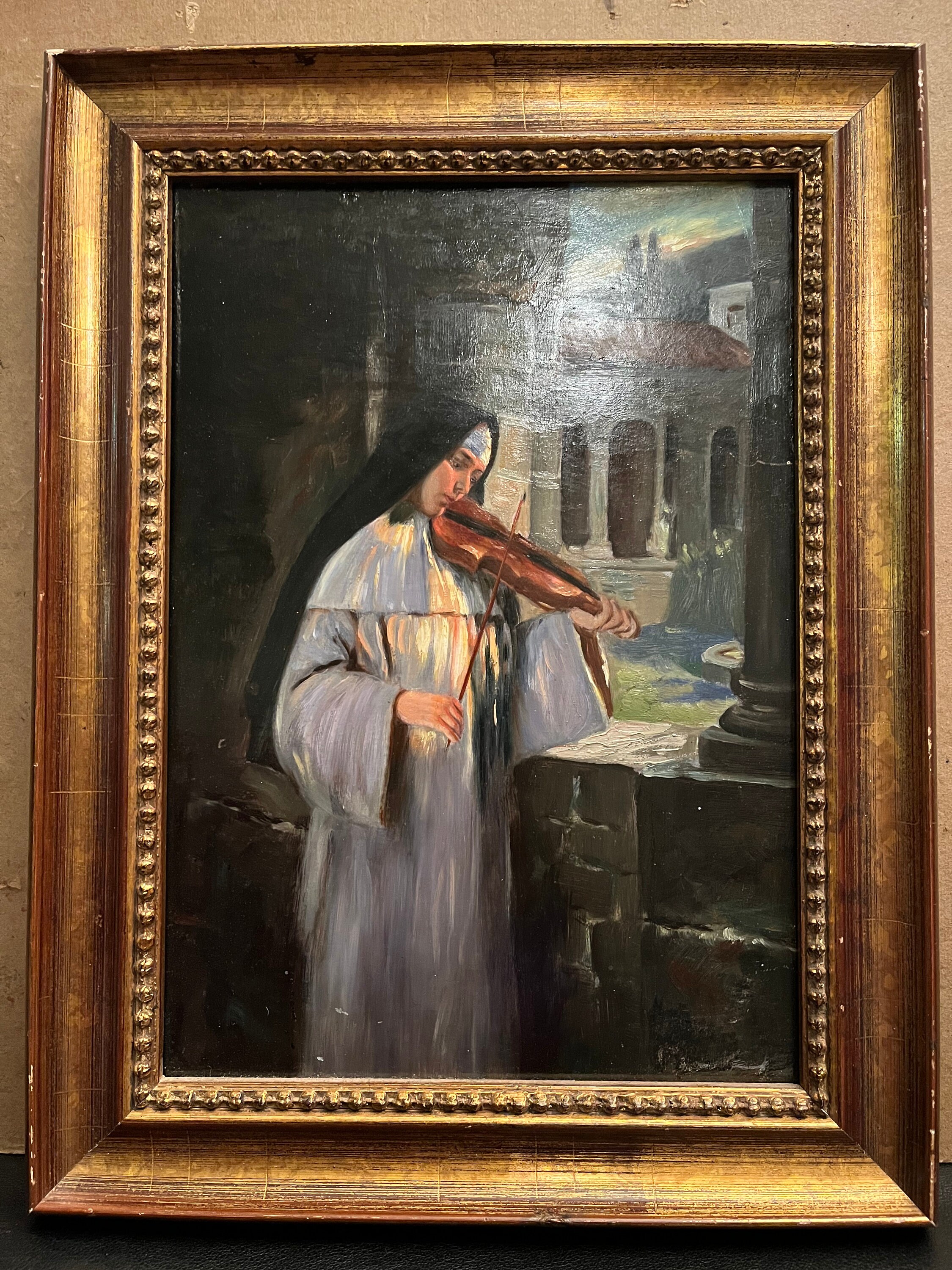 A Beautiful Lady Playing Violin Oil on Board FANTASTIC Painting