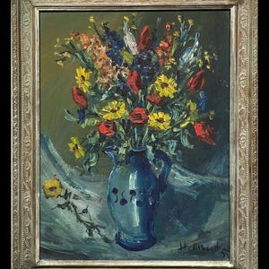 May include: A framed oil painting of a blue vase filled with a bouquet of red, yellow, and white flowers. The vase has a blue and white design with a number "362" on the front. The painting is signed "H. Albert" in the lower right corner.