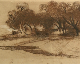 C. COROT - Sketch chalk brown. School of Barbizon. With note on reverse C. Corot 1796 - 1875