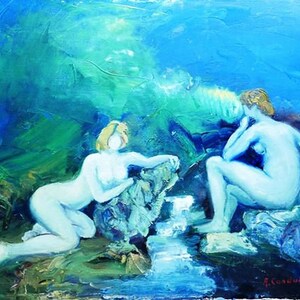 Può includere: Un dipinto di due figure nude in un paesaggio blu e verde. Le figure sono sedute su rocce e sembrano guardarsi.