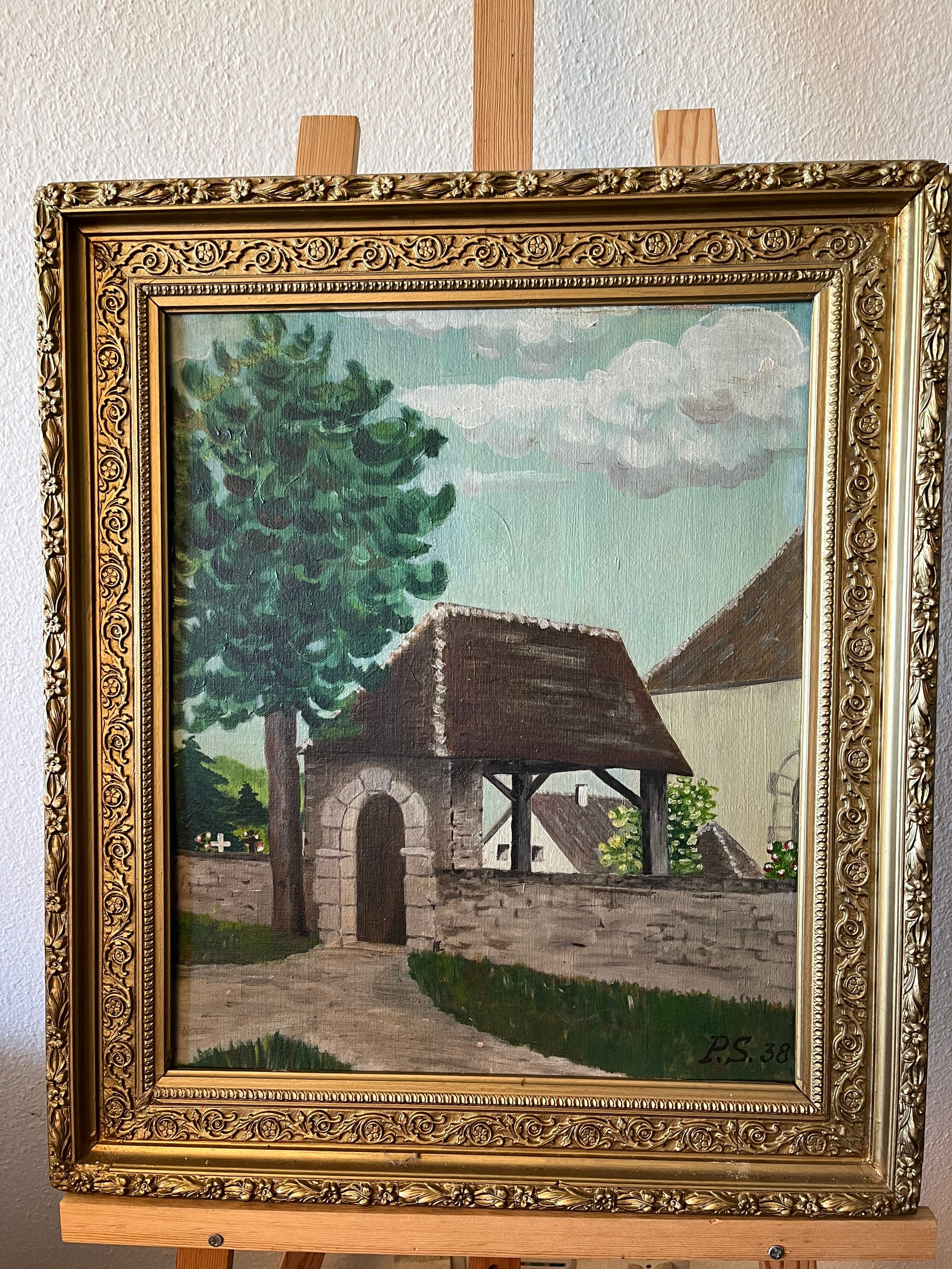 絵画アンティーク 本物のアンティークの希少なヴィンテージ絵画モノグラム P.S. 38