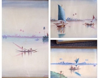 Gopal Ghose (G. Ghose) India indian Three Original Hoogly river Bengal Paintings
