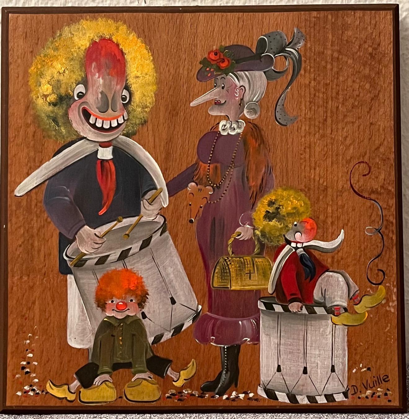 Vintage D. Vuille Holzmalerei, Clown Family, Shrewd Kuns