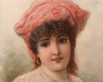 Old Italian Oil On Wood Signed "Galia" rare "Neapolitan beauty"