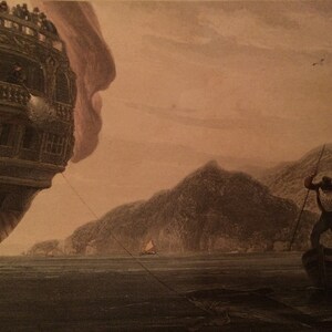May include: A vintage watercolour painting depicting a large ship in the distance with a small boat in the foreground. The ship is partially obscured by a cloud of smoke. The boat is being rowed by two people. The scene is set against a backdrop of mountains and a cloudy sky.