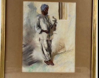 Indian Street Musician Scene Pastel Painting Hand Signed.