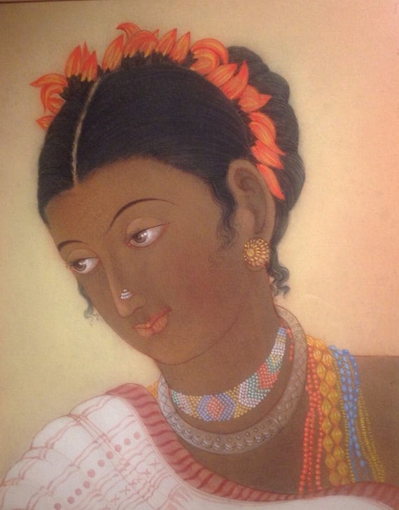 絵画 インド 古物 インドの肖像画 若い女性の絵画 - アニル・クマール・チャンダ