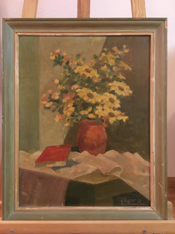 ヨーロッパ 油彩画 ドイツ/ワーグナー Signed H. Wagner 1954 Painting Oil on Canvas Beautiful Floral Work