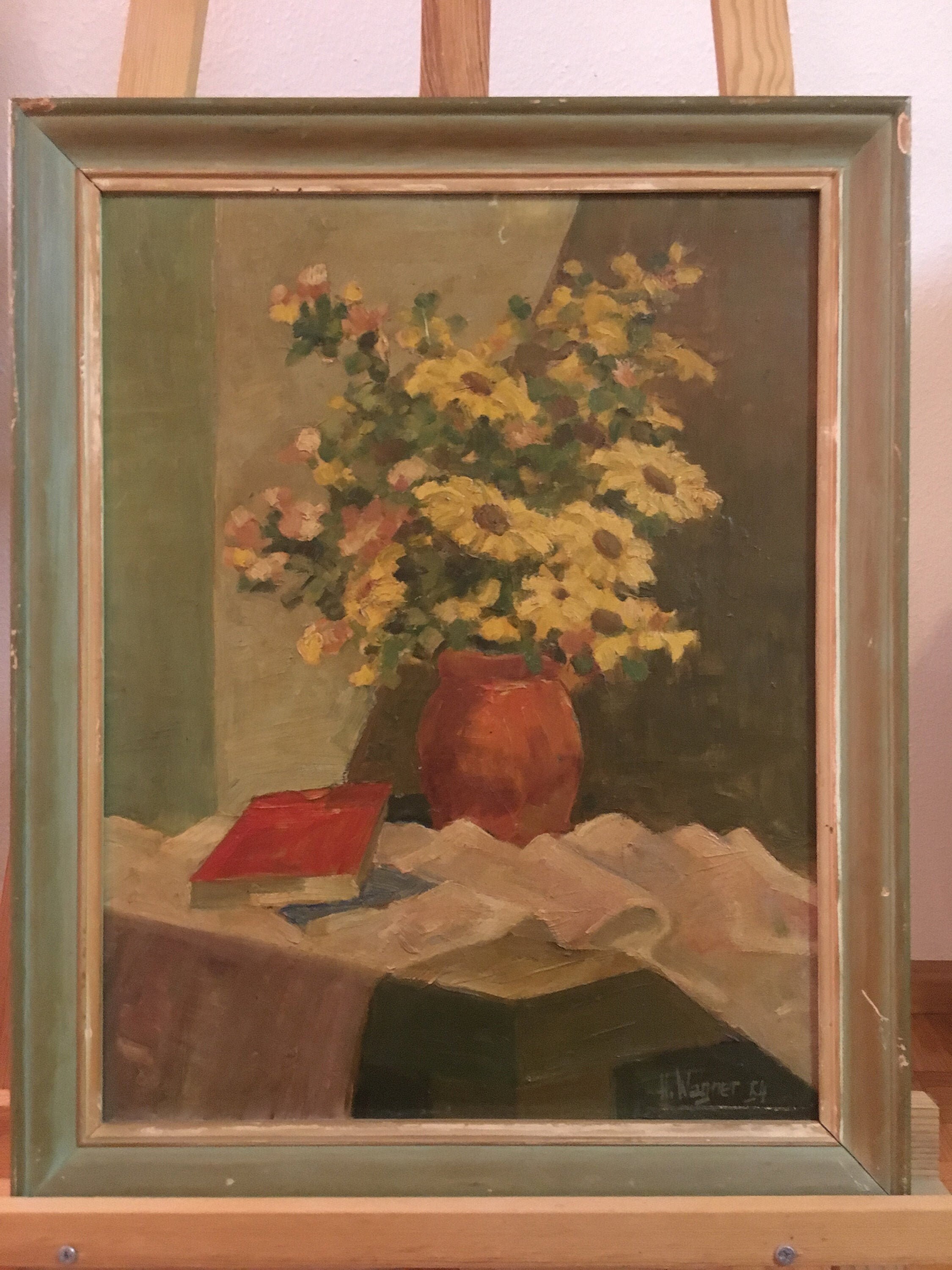 Signed H. Wagner 1954 Painting Oil on Canvas Beautiful Floral Work