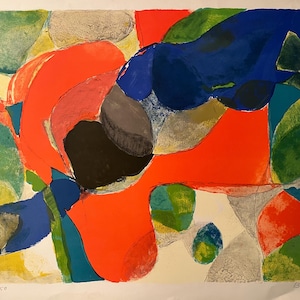 Könnte beinhalten: Abstrakter Kunstdruck mit einer lebendigen Komposition aus Formen und Farben. Kräftige rote, blaue und grüne Formen sind vor einem weißen Hintergrund angeordnet. Das Kunstwerk hat eine strukturierte Oberfläche mit sichtbaren Pinselstrichen und einer nummerierten Auflage.