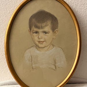 Vintage Boy Portrait Pastel Drawing, Framed, 1932