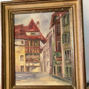 Eugen Ammann (1882 - 1978) Listed Swiss Artist CITYSCAPE antique Oil on board