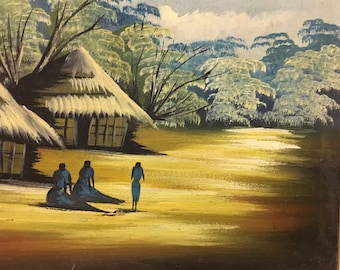 Beautiful oil on board painting of African village scene signed ABOUITY