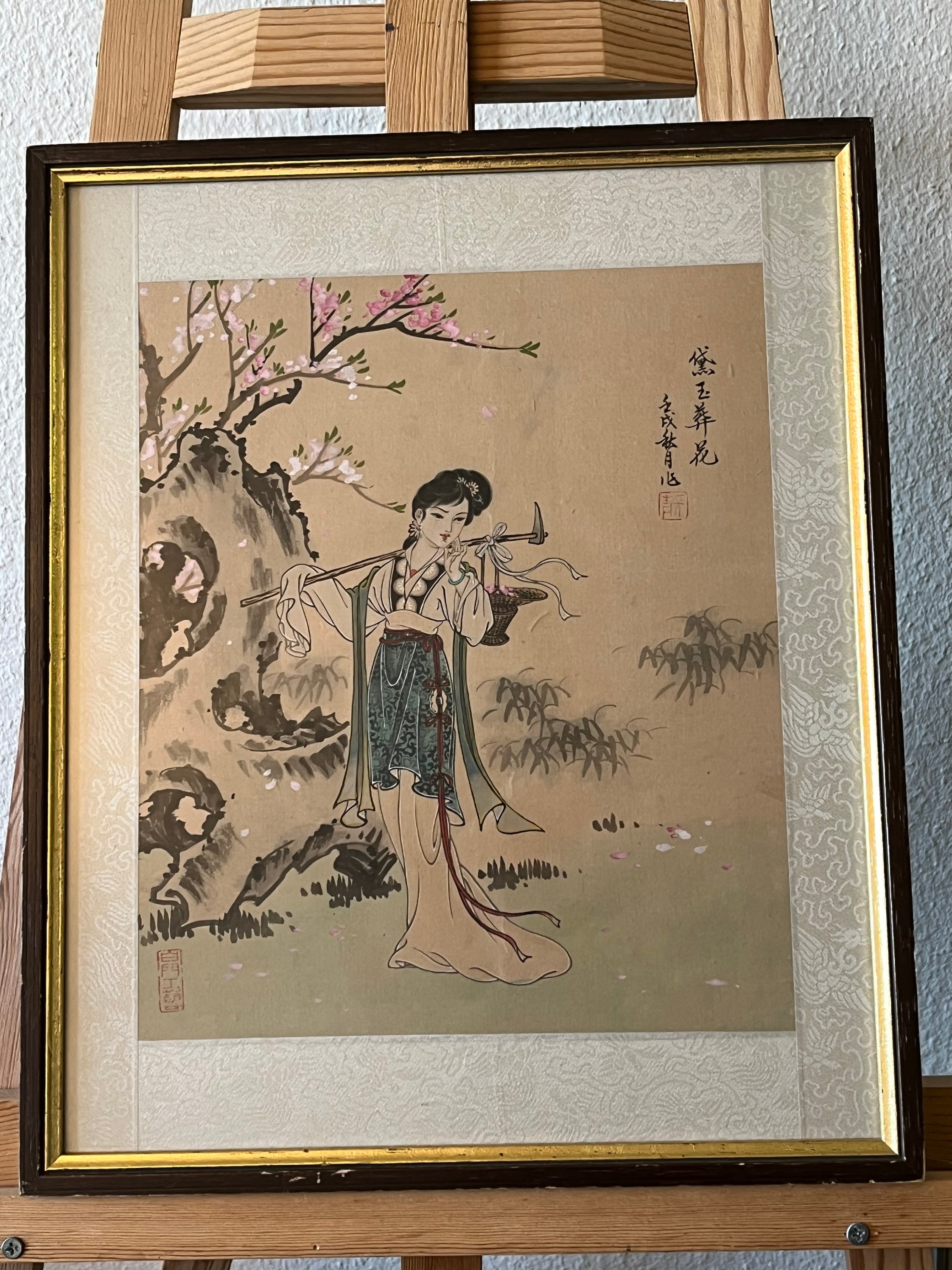 中国の絵画。画家の署名とスタンプもご覧ください。庭にいる美しい女性