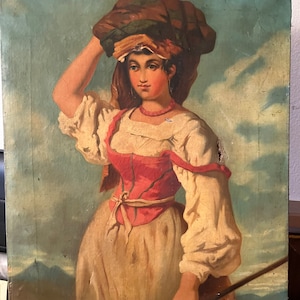 Beautiful very old vintage ( partly damaged) painting if a lady with Roman costume