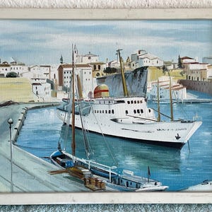 Pintura a óleo original, cena de porto, assinada, arte emoldurada