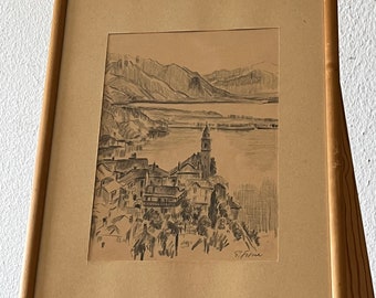 May include: A black and white pencil drawing of a town with a church steeple, mountains in the background, and a body of water in the foreground. The drawing is signed "P. Falcone" in the lower right corner.