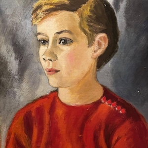 Pintura a óleo de retrato de menino vintage, assinada, arte colecionável