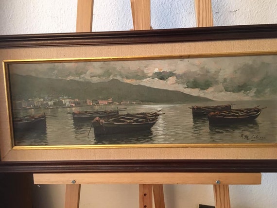 Amleto Colucci イタリア画家　油絵　風景画　海辺の家　オリジナル ブルガリア 地中海の風景画 イタリア キャンバスに油絵 イタリア