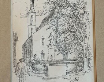 May include: Black and white ink drawing of a church with a tall steeple, a fountain, and people walking by. There are birds on the ground and a tree in the background.