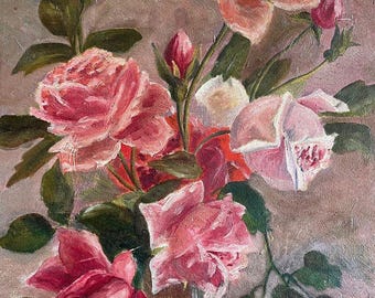 Vintage Rosen Ölgemälde, Gerahmt, signiert R. MAGNIN