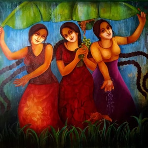Monalisa Sarkar Mitra - award winning contemporary artist, Colorful and textured, dream social figure or religious Spritual family Portrait