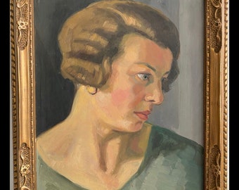 Oude Zwitserse school dames portret schilderij