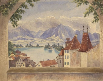 E.M.L., Window Vista, Thun, Switzerland - Original 1868 watercolour painting