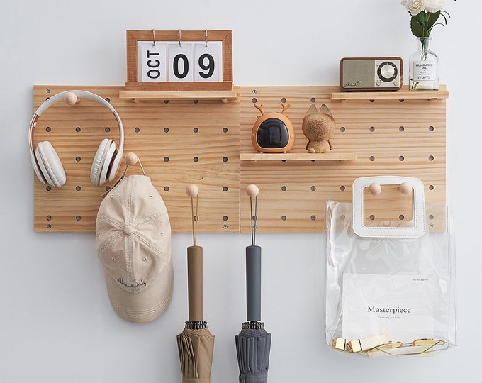 Wood Pegboard Combination Wall Organizer Kit, Wooden Display Panel Kits 2 Pieces Pegboards and 15 Accessories
