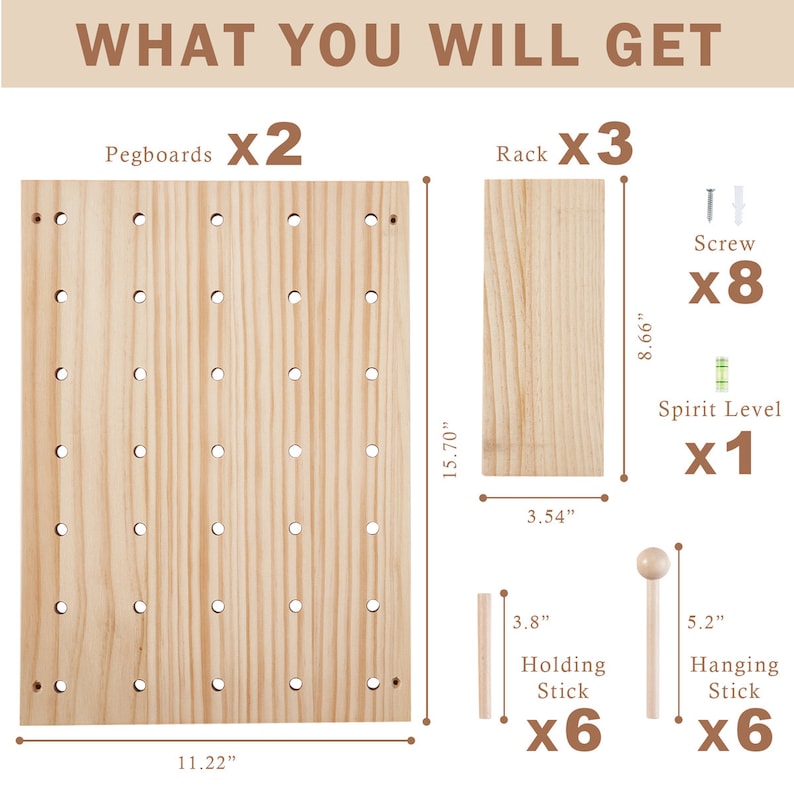 Wood Pegboard Combination Wall Organizer Kit, Wooden Display Panel Kits 2 Pieces Pegboards and 15 Accessories image 2