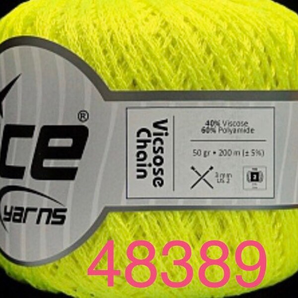 NEON YELLOW, Slightly Greenish. Viscose Chain, Shiny Lacey Crochet Thread, ICE. Soft, Silky. 50g 218 yards. Size: 2 Sport. Embroidery