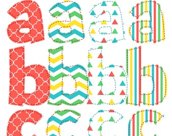 Four Alphabets Png Collection, Instant Digital Download Alpha Pack Plaid Preppy Pattern Patch Faux Applique Alphabet Font Stripes Dots