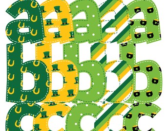 Five Alphabets St. Patricks Day Png Collection Instant Digital Download Alpha Pack Pattern Patch Faux Applique Font Stripes Dots Ireland Hat
