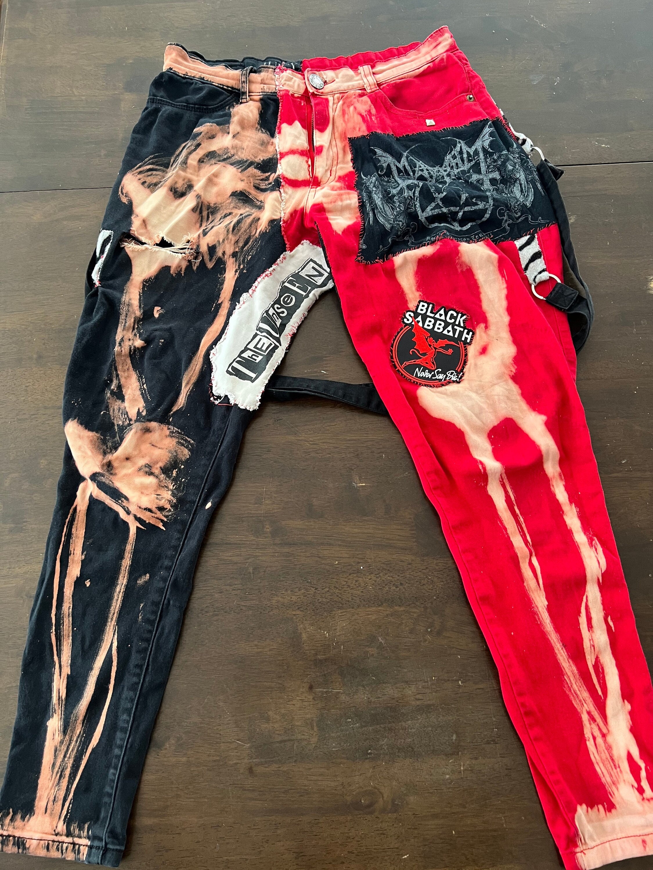 One of a kind distressed crust punk, black metal, split dyed skeleton  bondage pants