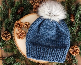 Fuzzy Knit Cuff Beanie With Vegan Faux Fur Pom - Etsy display picture 1