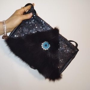 Woman bag Black bag Fox fur&Astrakhan fur bag  HAND MADE    2 face  bag
