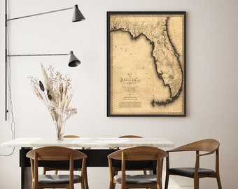 1823 Florida Map Print, Antique Gulf Coast, Decorative Wall Art