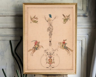 Vintage Jesus Christ Crucifixion Print, Antique Drawing