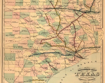 18x24 Vintage Reproduction Railroad Rail Train Historic Map Texas 1900