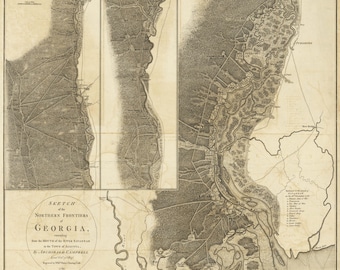 Pode incluir: Um mapa preto e branco das fronteiras do norte da Geórgia, mostrando a área desde a foz do rio Savannah até a cidade de Augusta. O mapa é intitulado "Sketch of the Northern Frontiers of Georgia, envading from the Mouth of the River Savannah to the Town of Augusta. By Archibald Campbell. 1779."