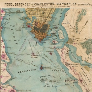 1864, Civil War Map, Civil War, Charleston Map, South Carolina Map, Charleston Harbor Map, Produced From an Old, Vintage, Antique Map.