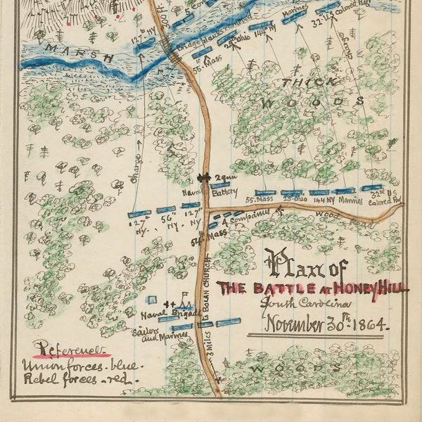 1864, South Carolina Map, Civil War Map, Produced From an Old Map, Vintage Map, Antique Map. The Battle of Honey Hill.