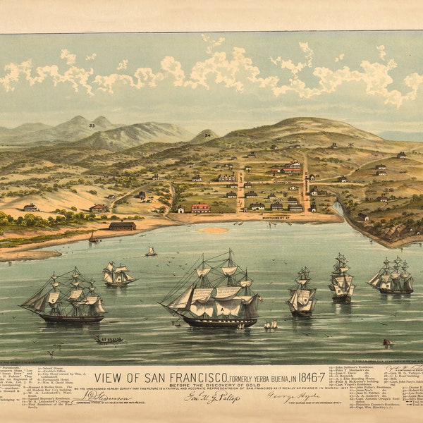 1847, San Francisco Map, California Map. Old San Francisco Map, Produced From an Old San Francisco Map, Vintage, Antique Map.